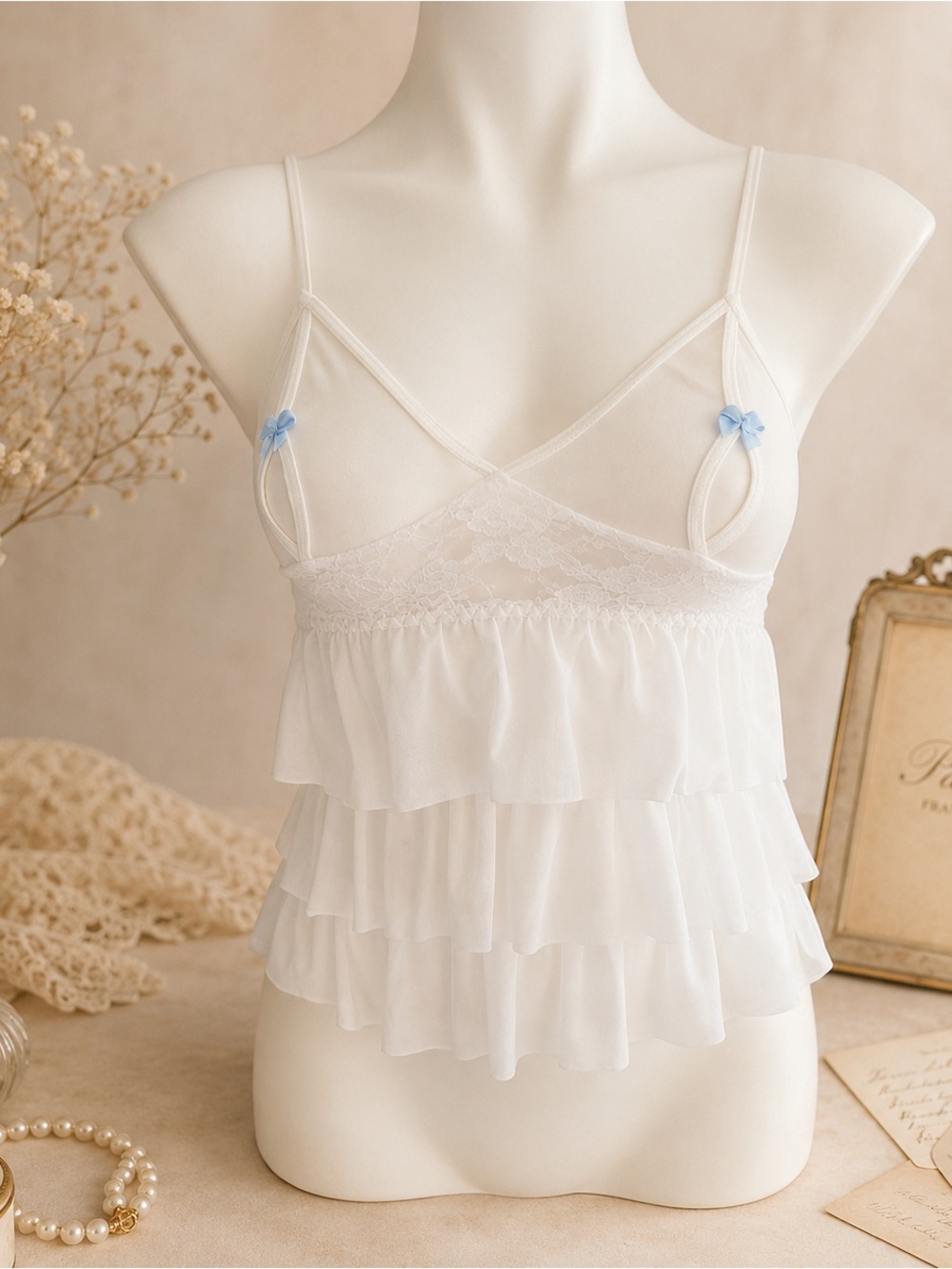 Escapante Coquette White Ruffle Lace Babydoll Cami Blue Bow Bridal Size S